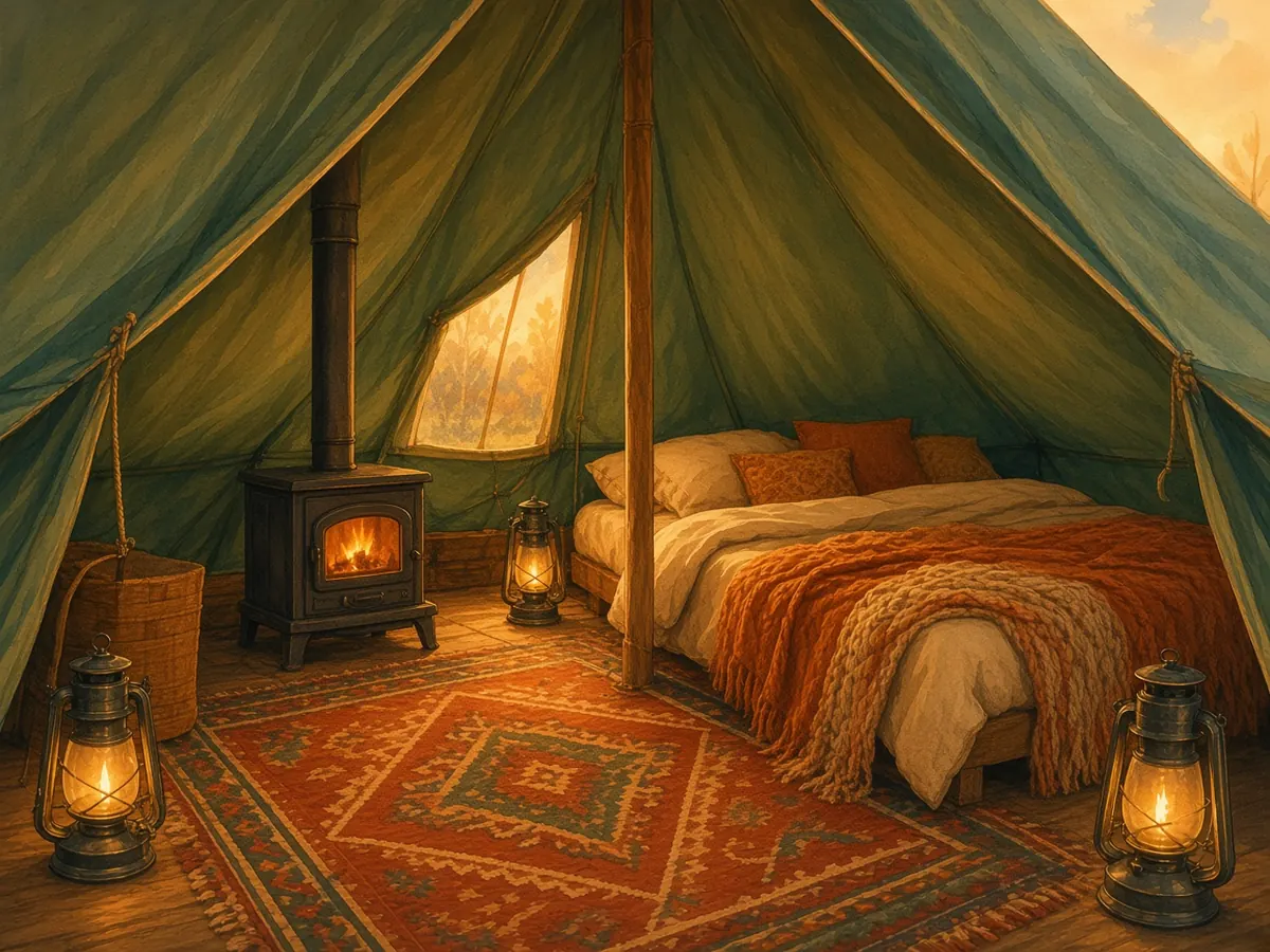Illustration: inside an olive canvas bell tent with a glowing wood stove