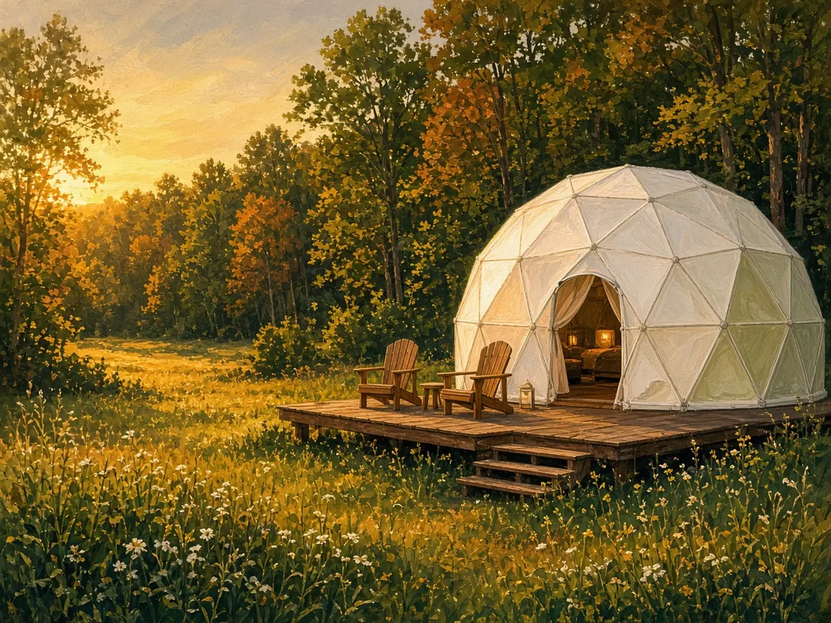 Illustration: a white geodesic dome on a deck at the meadow edge at golden hour