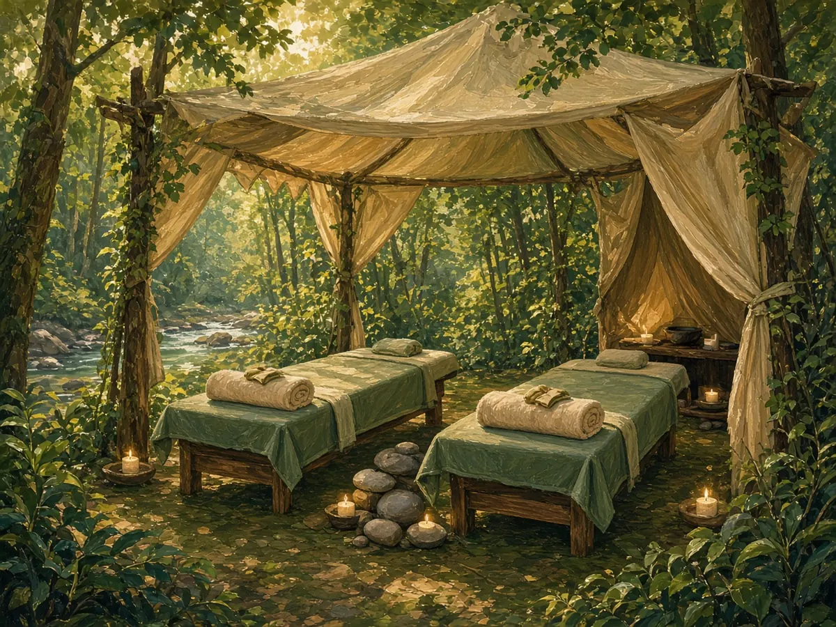 Illustration: two massage tables under a canvas pavilion in the woods