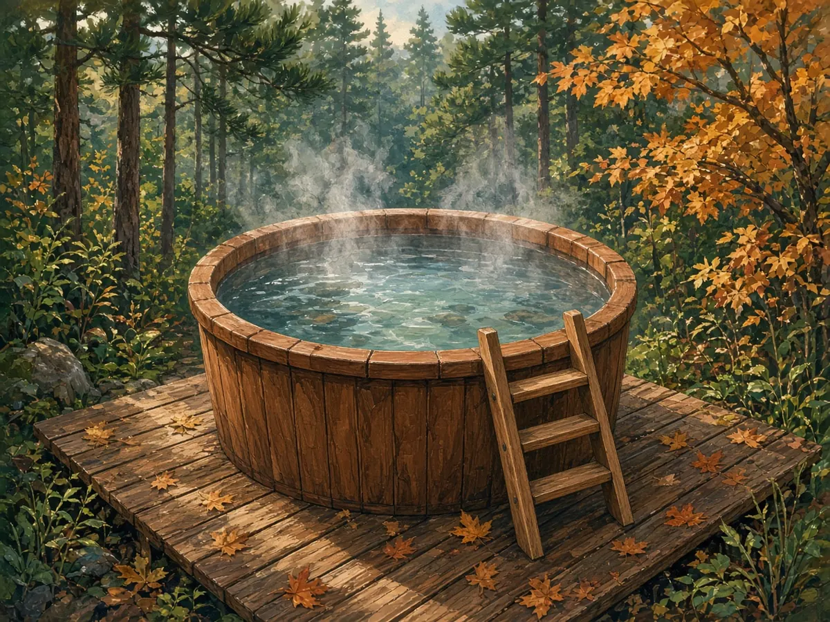 Illustration: a cedar cold plunge tub on a deck among pines and maples