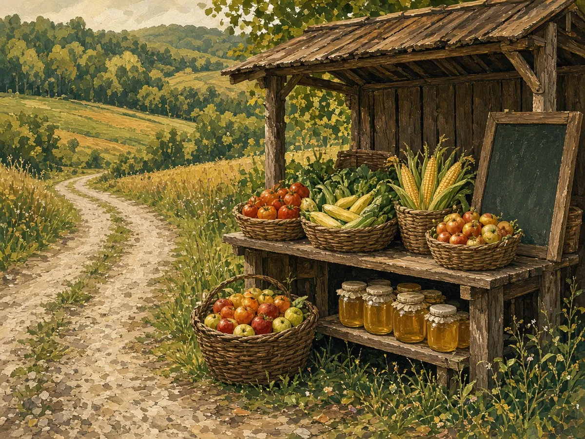 Illustration: a rustic roadside produce stand with baskets of vegetables and honey