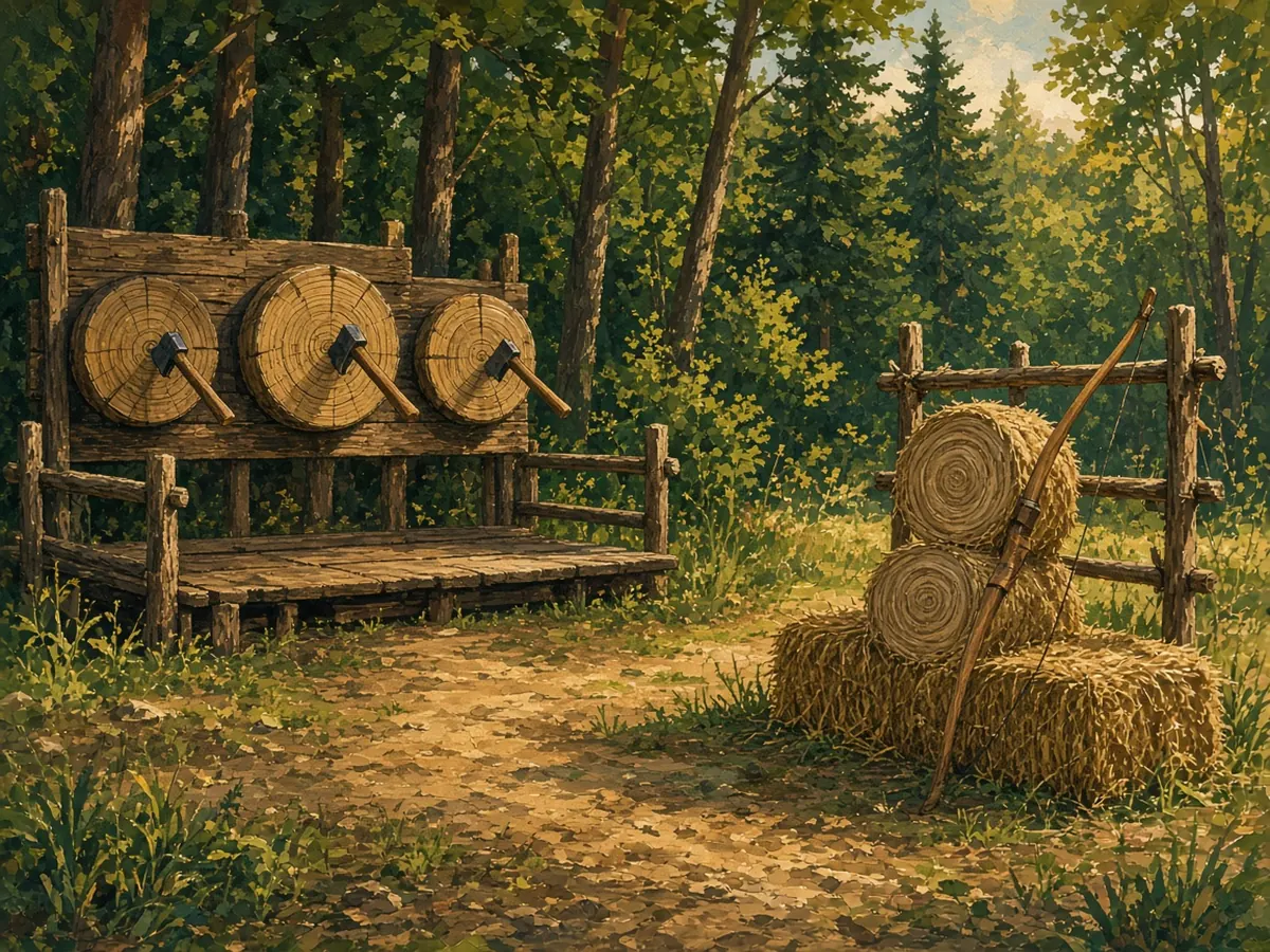 Illustration: an axe-throwing range and straw archery targets at the forest edge