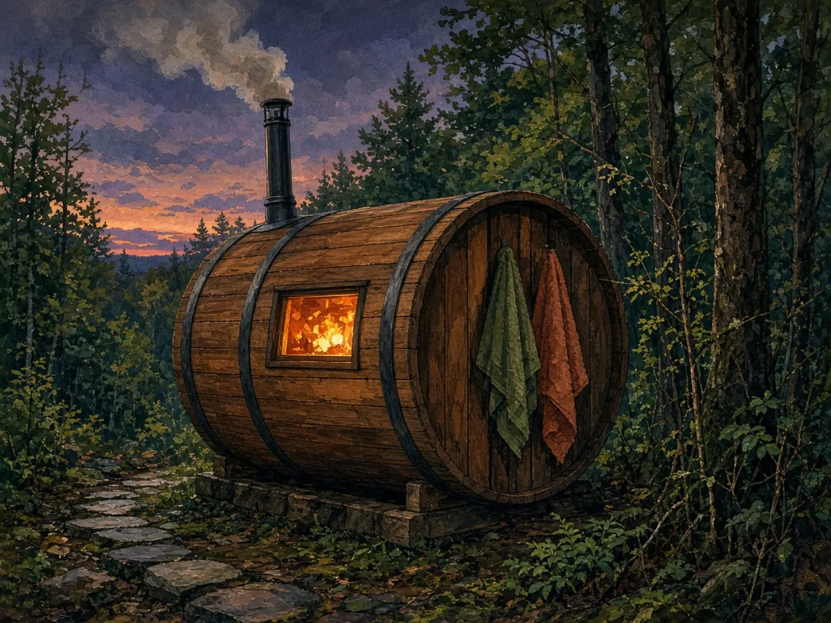 Illustration: a wood-fired cedar barrel sauna glowing in the forest at twilight