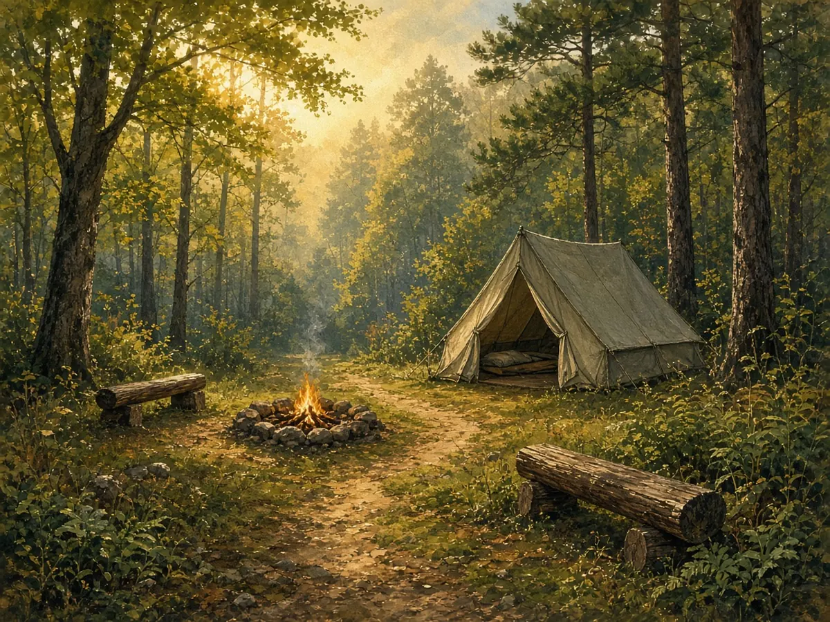 Illustration: a walk-in forest campsite with a canvas tent and fire ring