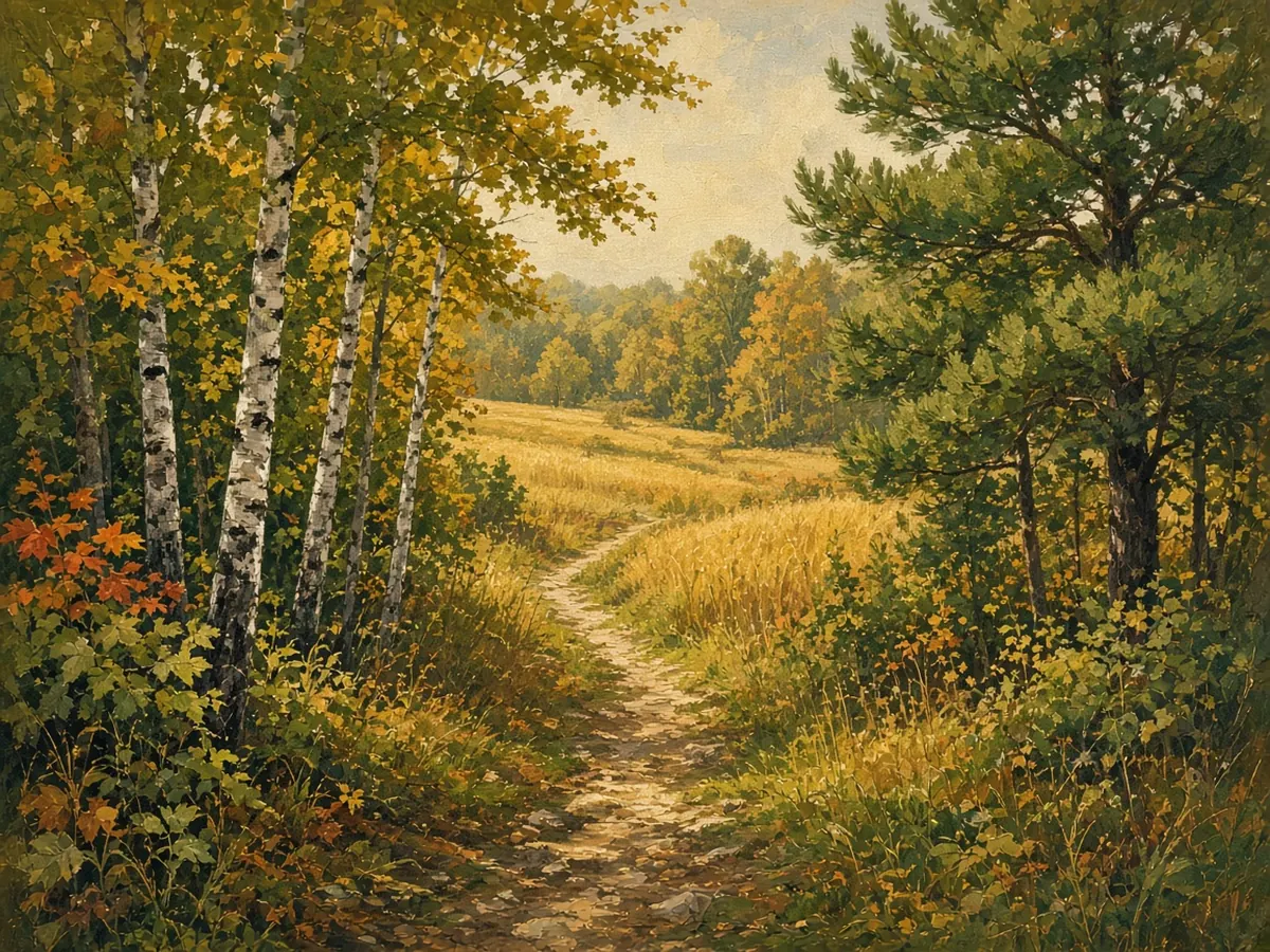 Illustration: a footpath through birch and pine opening onto a sunlit field