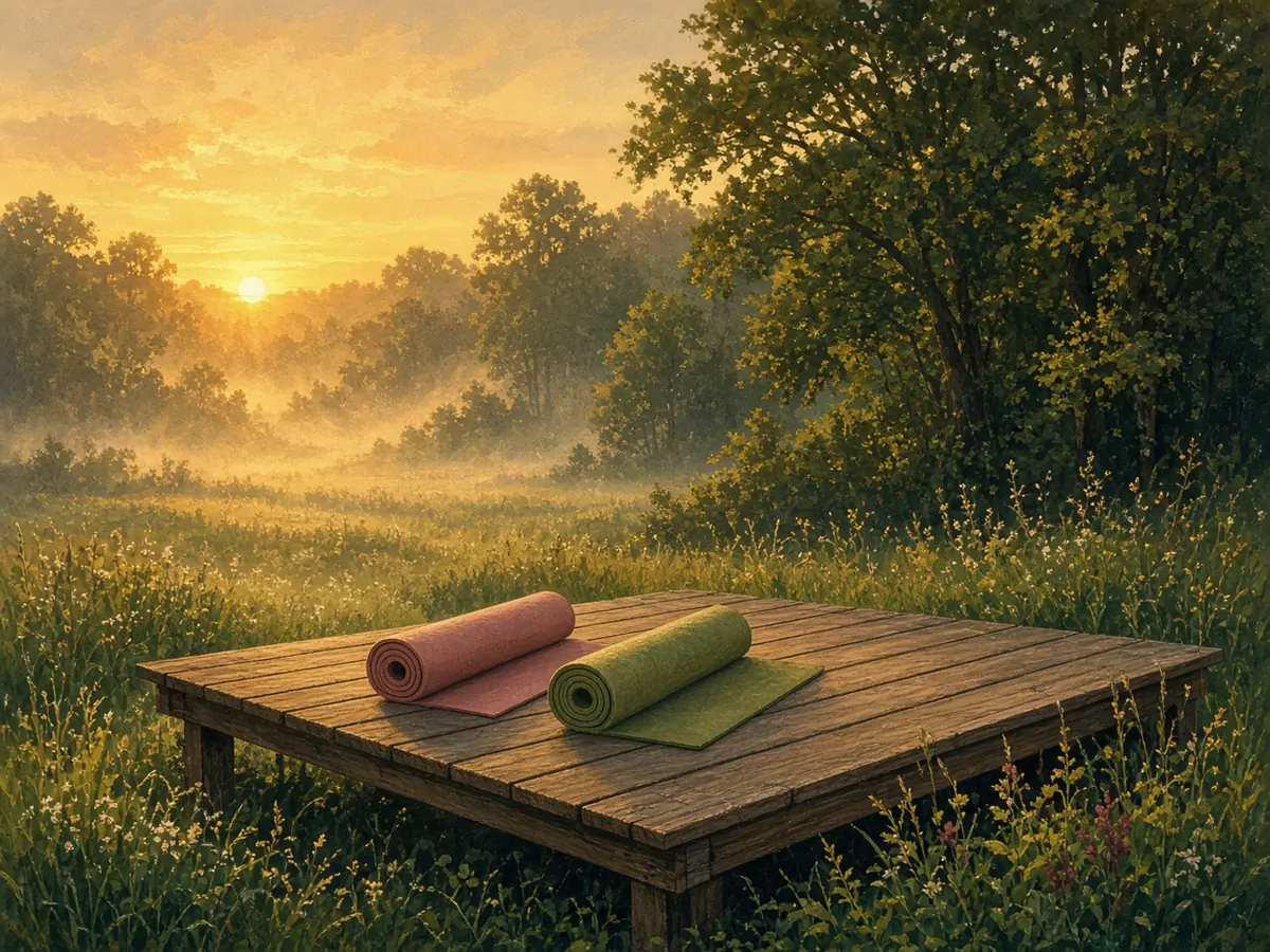 Illustration: a wooden yoga platform with two mats at the meadow edge at sunrise